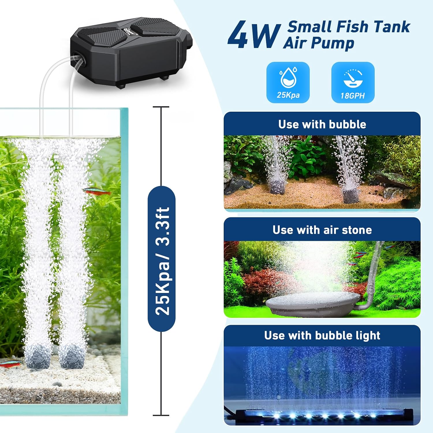 Aquarium Air Pump, Ultra Quiet Oxygen Aerator with Air Stone Airline Tubing Check Valve, Aquarium Fish Tank Air