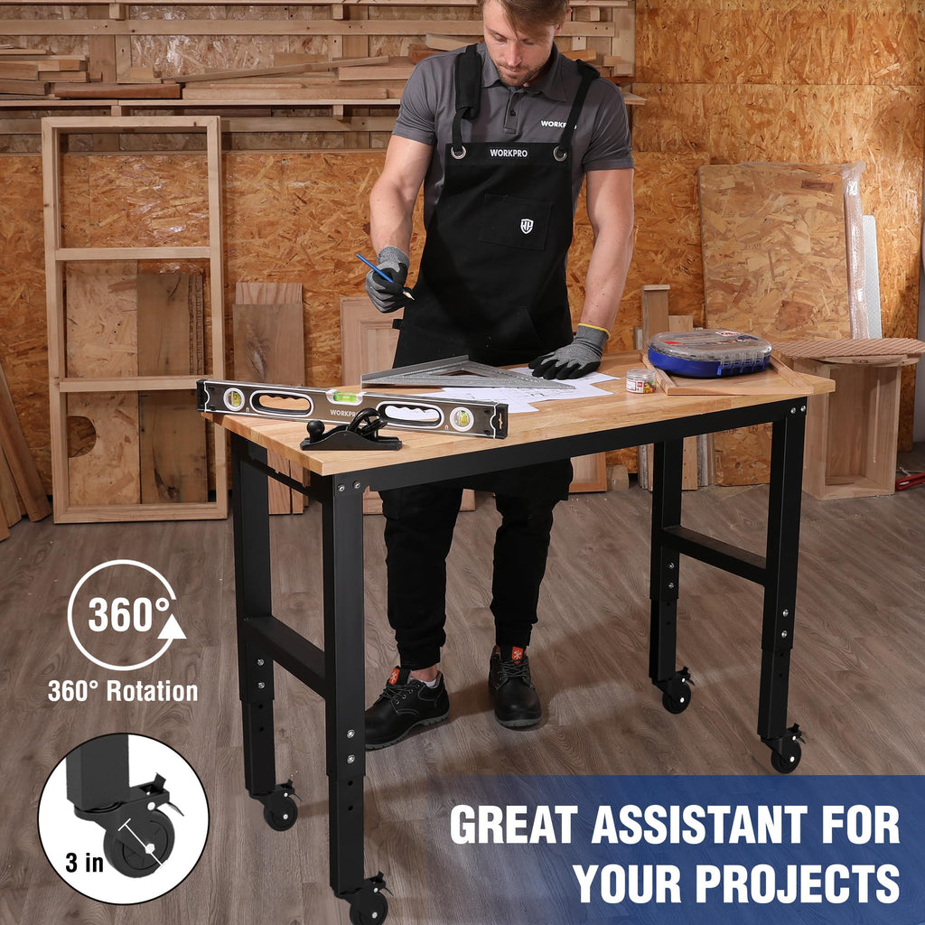 48" Adjustable Workbench with Wheels, Rubber Wood Top