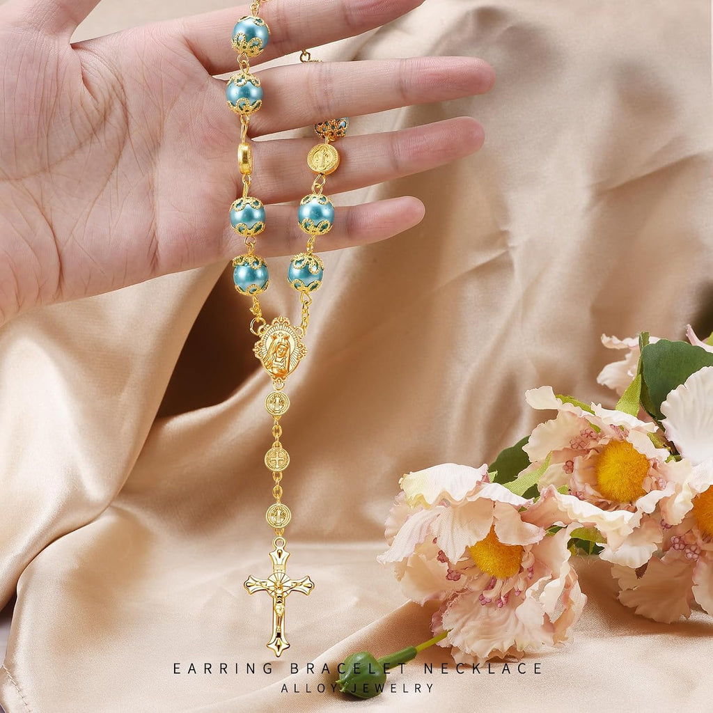 60Pcs/30Sets Rosary Making Kits Supplies Religion Cross and Center Medal Charms Jesus Crucifix Oval Alloy Pendant for