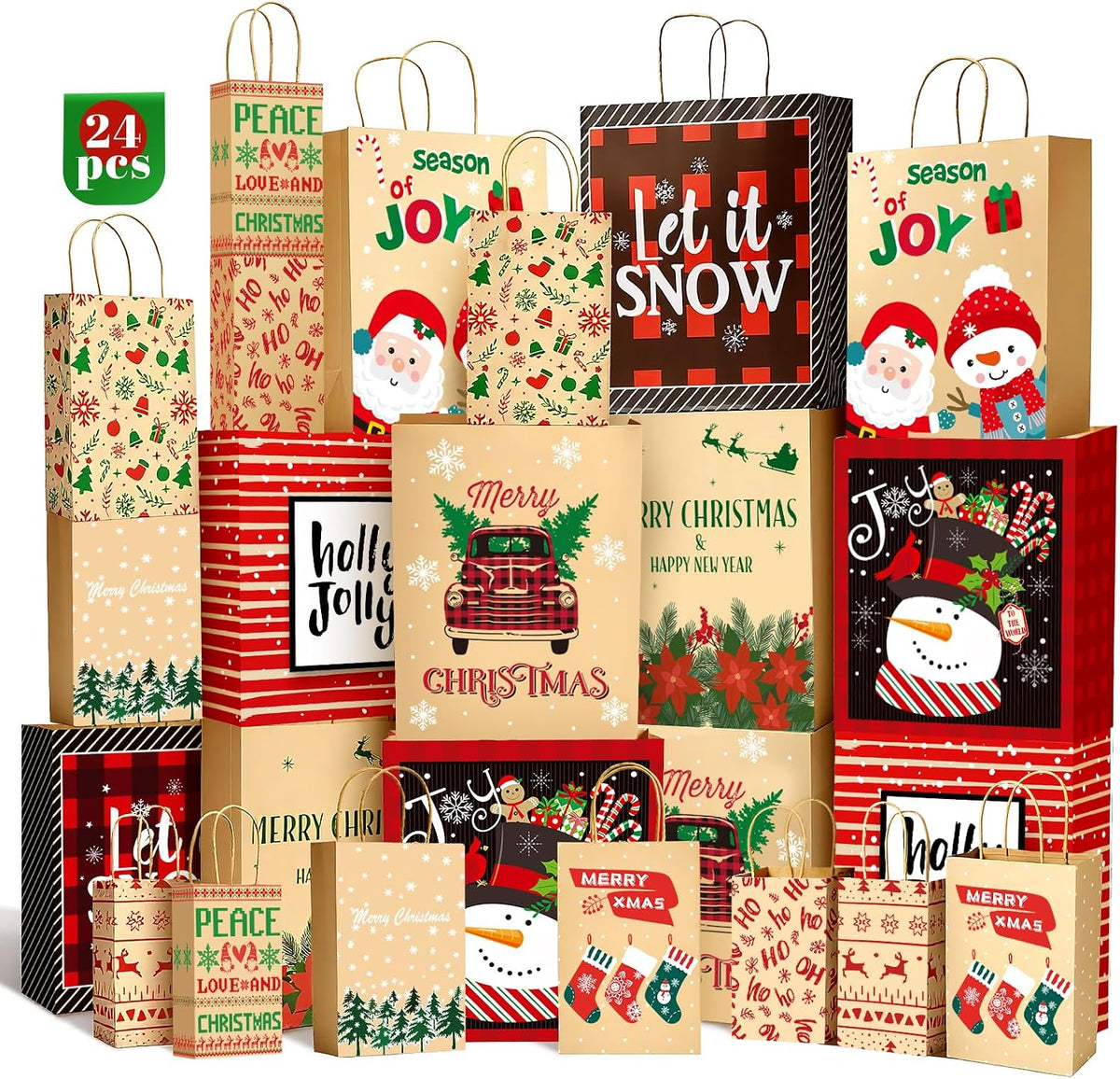 Christmas Gift Paper Bags Assorted Sizes, 24 Pack Holiday Paper Bags with Handles, 12 Assorted Designs in 4 Sizes –