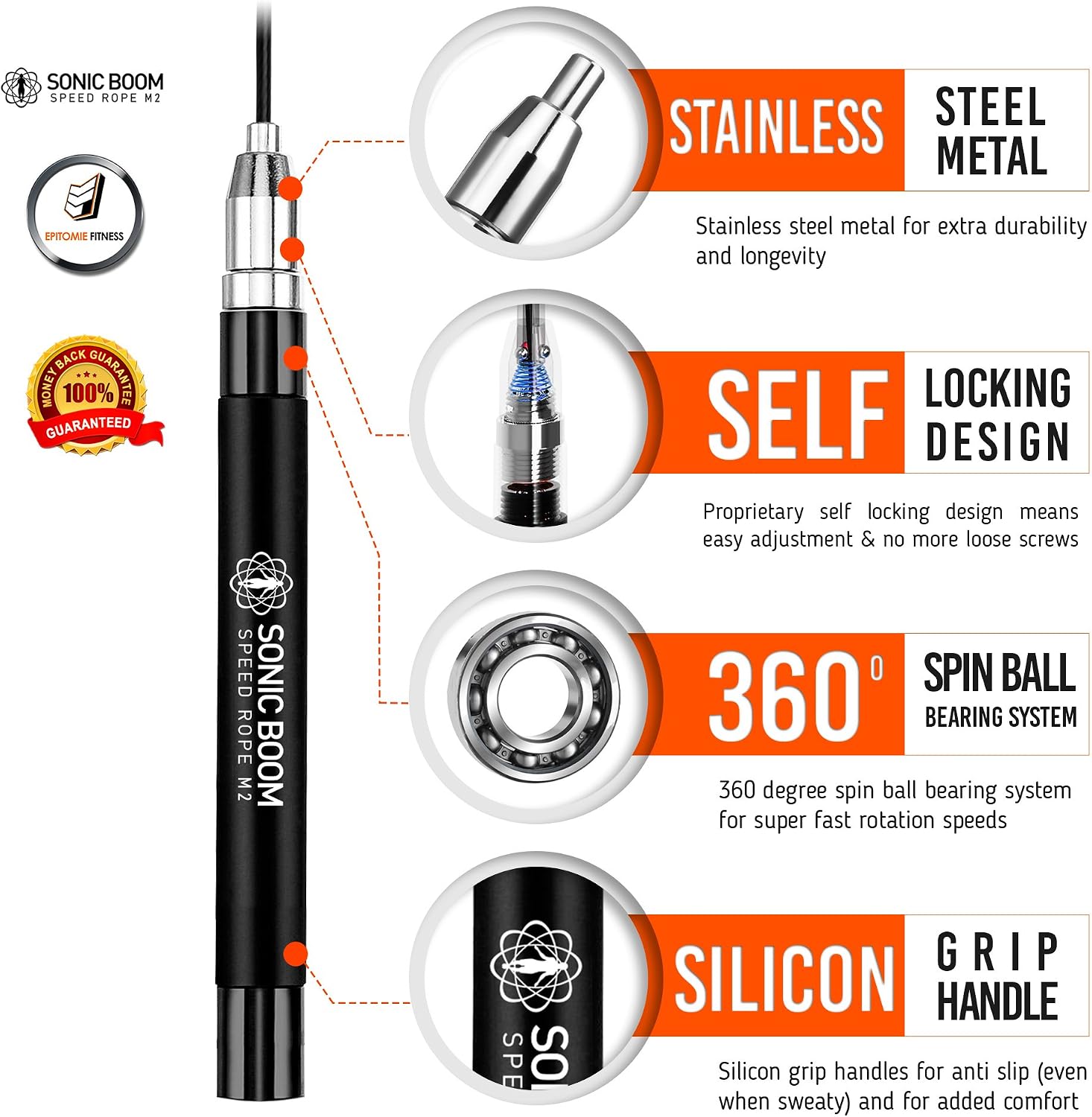 Sonic Boom M2 High Speed Jump Rope - Patent Pending Self-Locking, Screw-Free Design – Weighted, 360 Degree Spin