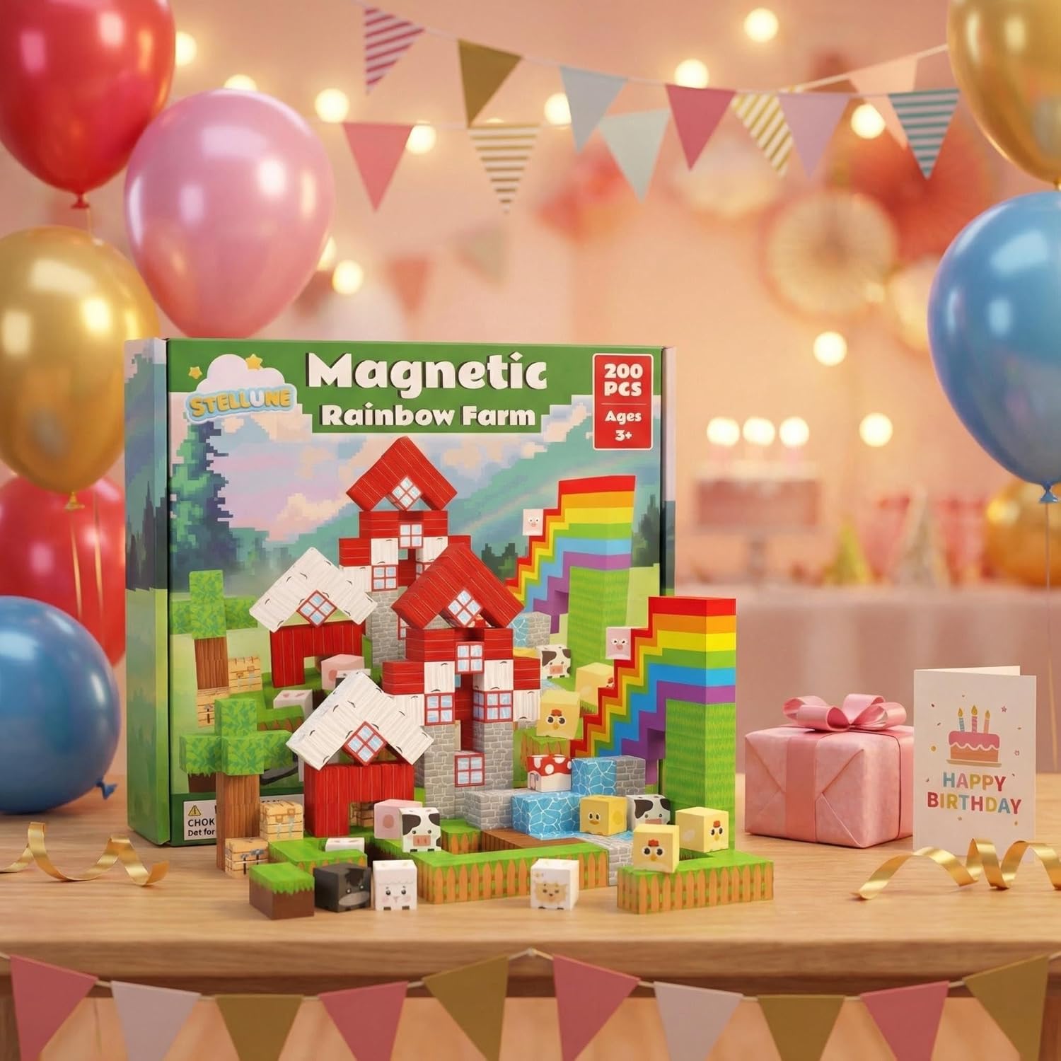 Magnetic Blocks 200PCS with 3 Light-Up Pieces, Rainbow Farm Pals Building Cube Set, STEM Educational Toys for Kids