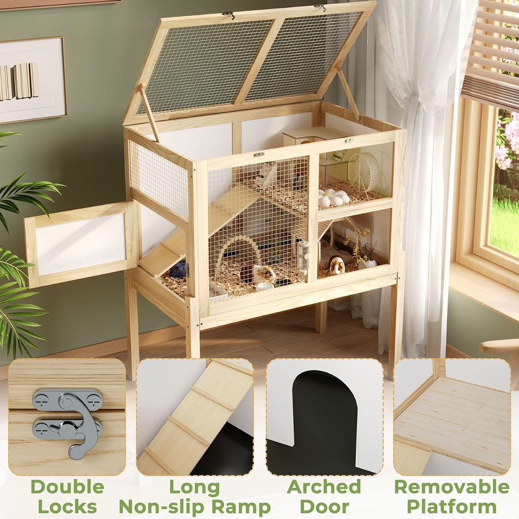 Guinea Pig Cages for 2, Rabbit Hamster Cage with Wooden Stand | 2-Story Large Indoor Small Animal House with a Pull