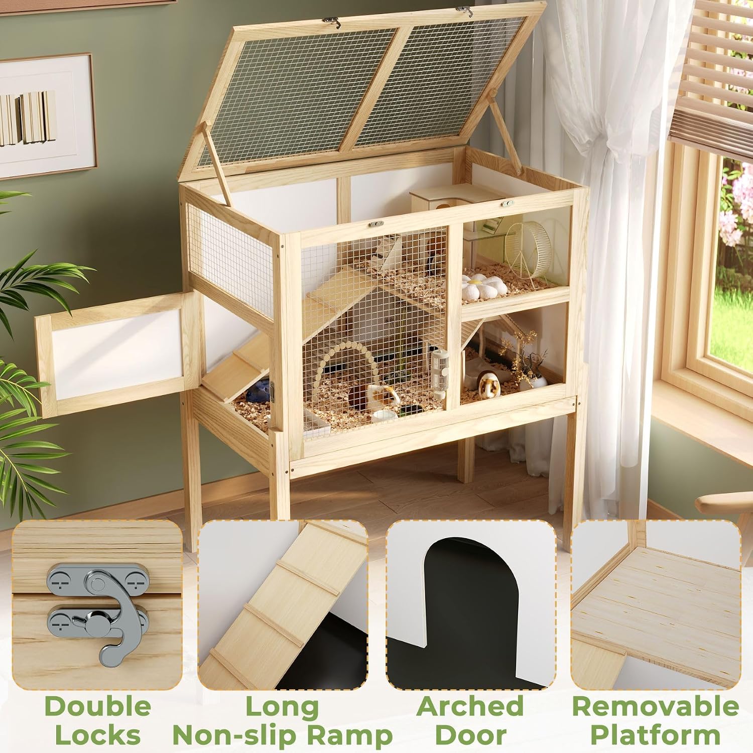 Guinea Pig Cages for 2, Rabbit Hamster Cage with Wooden Stand | 2-Story Large Indoor Small Animal House with a Pull