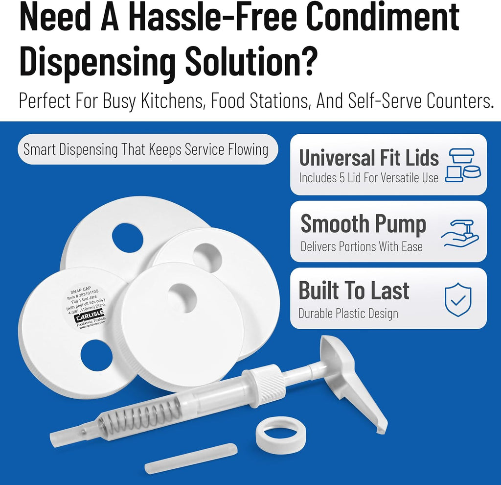 Universal Condiment Pump/Dispenser Kit with 5 Lids, White