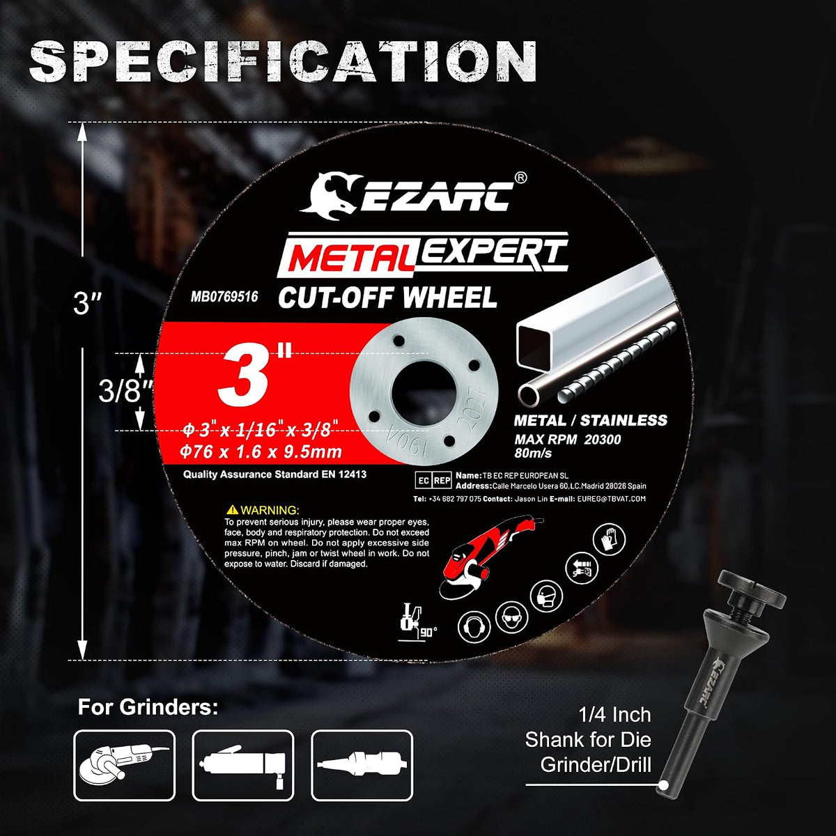 EZARC 25 Pack 3" Cut Off Wheels with 1/4" Mandrel, 3/8" Arbor Metal Cutting