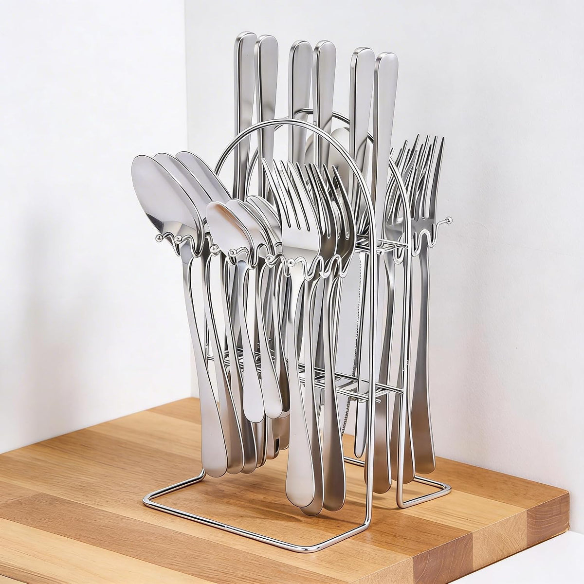 Premium 24-Piece Silverware Set with Holder/Organizer, Modern Design Spoons, Forks, Dinner Knives, Dessert Spoons