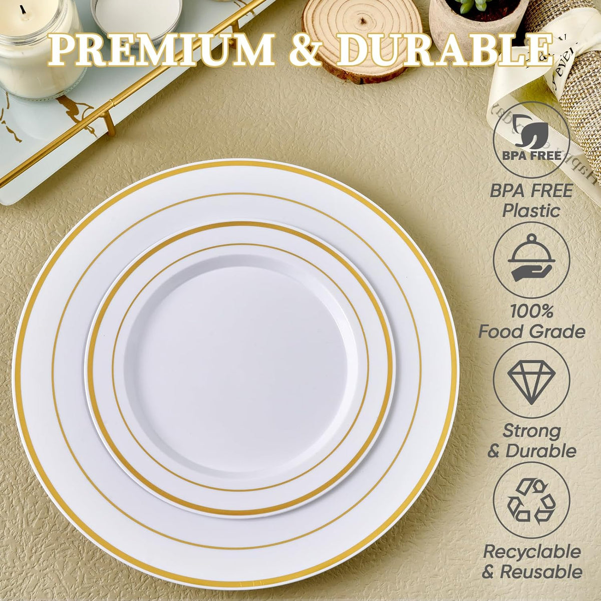 Gold Plastic Plates Set of 60, Disposable Plates with Gold Rim