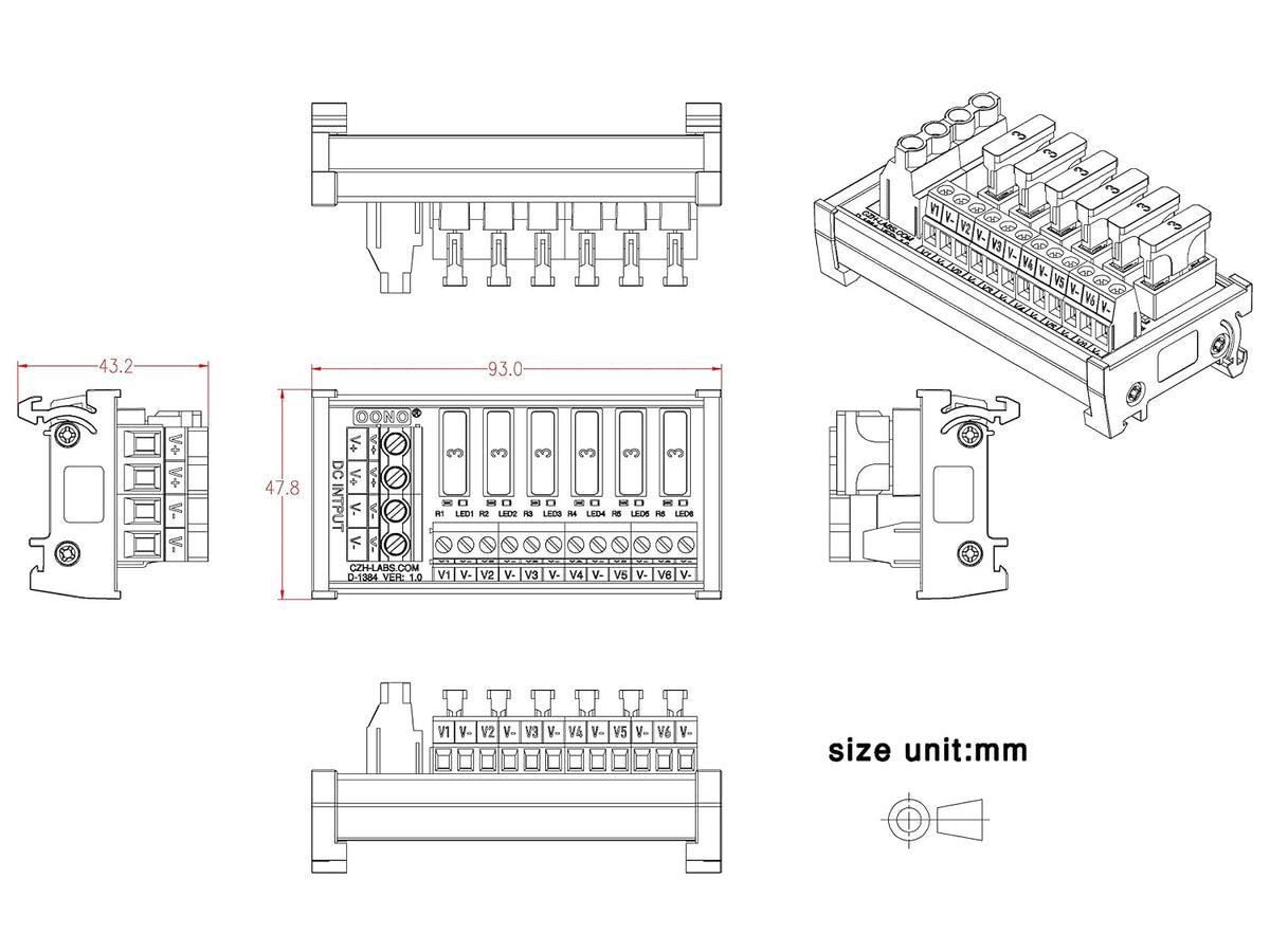 DC Power Fuse Distribution Strip Module (6 Position, DIN Rail Mount)