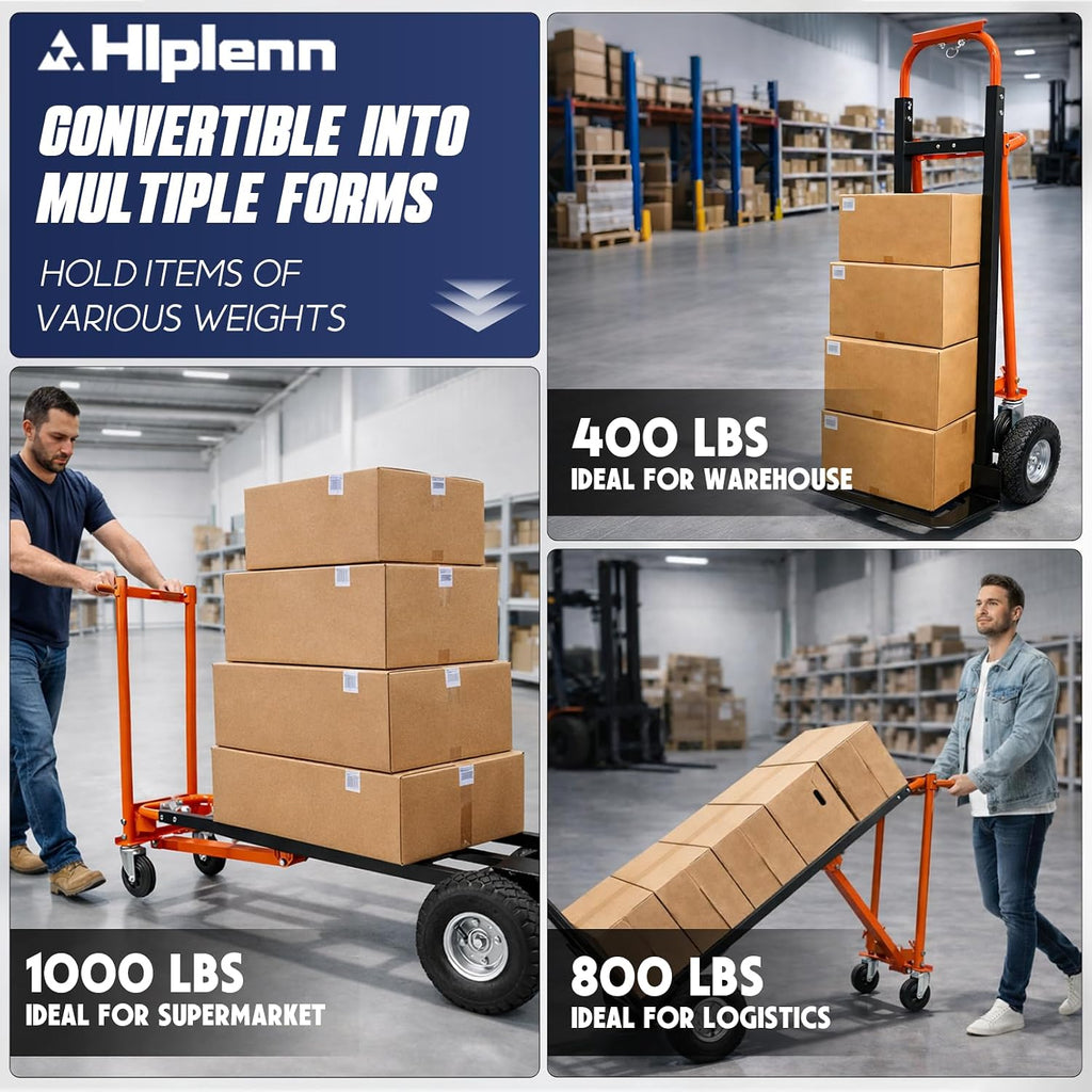 Aluminum 4 in 1 Convertible Hand Truck Dolly with 4 Wheels | 1000LBS Capacity, Includes 2 straps, Ergonomic Handle