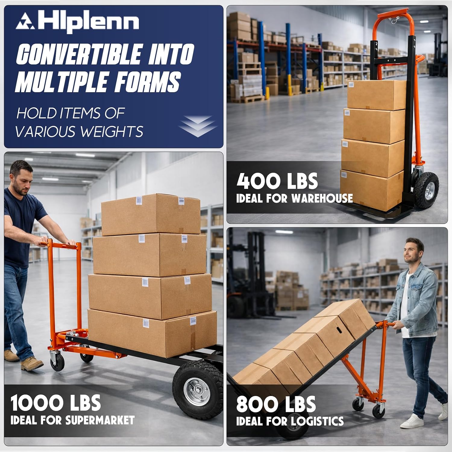 Aluminum 4 in 1 Convertible Hand Truck Dolly with 4 Wheels | 1000LBS Capacity, Includes 2 straps, Ergonomic Handle