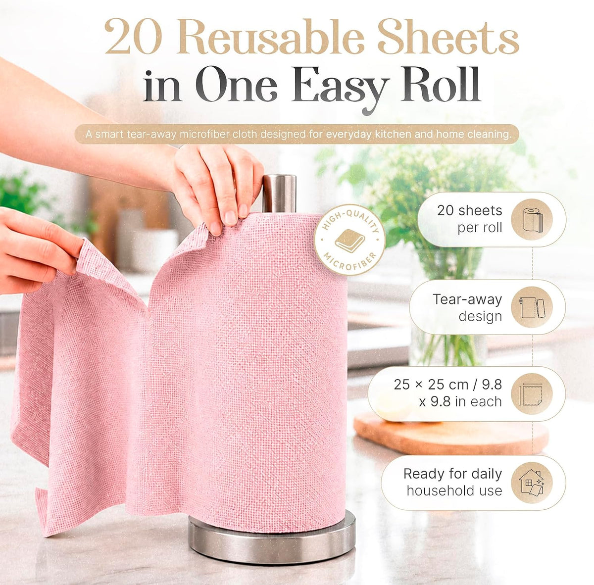 Microfiber Cleaning Cloth Roll 20 Sheets 11" x 10" Tear Away Microfiber Towel Roll Reusable Paper Towels Washable