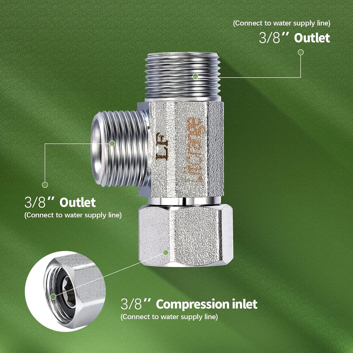 Lead-Free Brass 2 PCS 3/8 Inch Angle Stop Add-A-Tee Compression Tee Valve