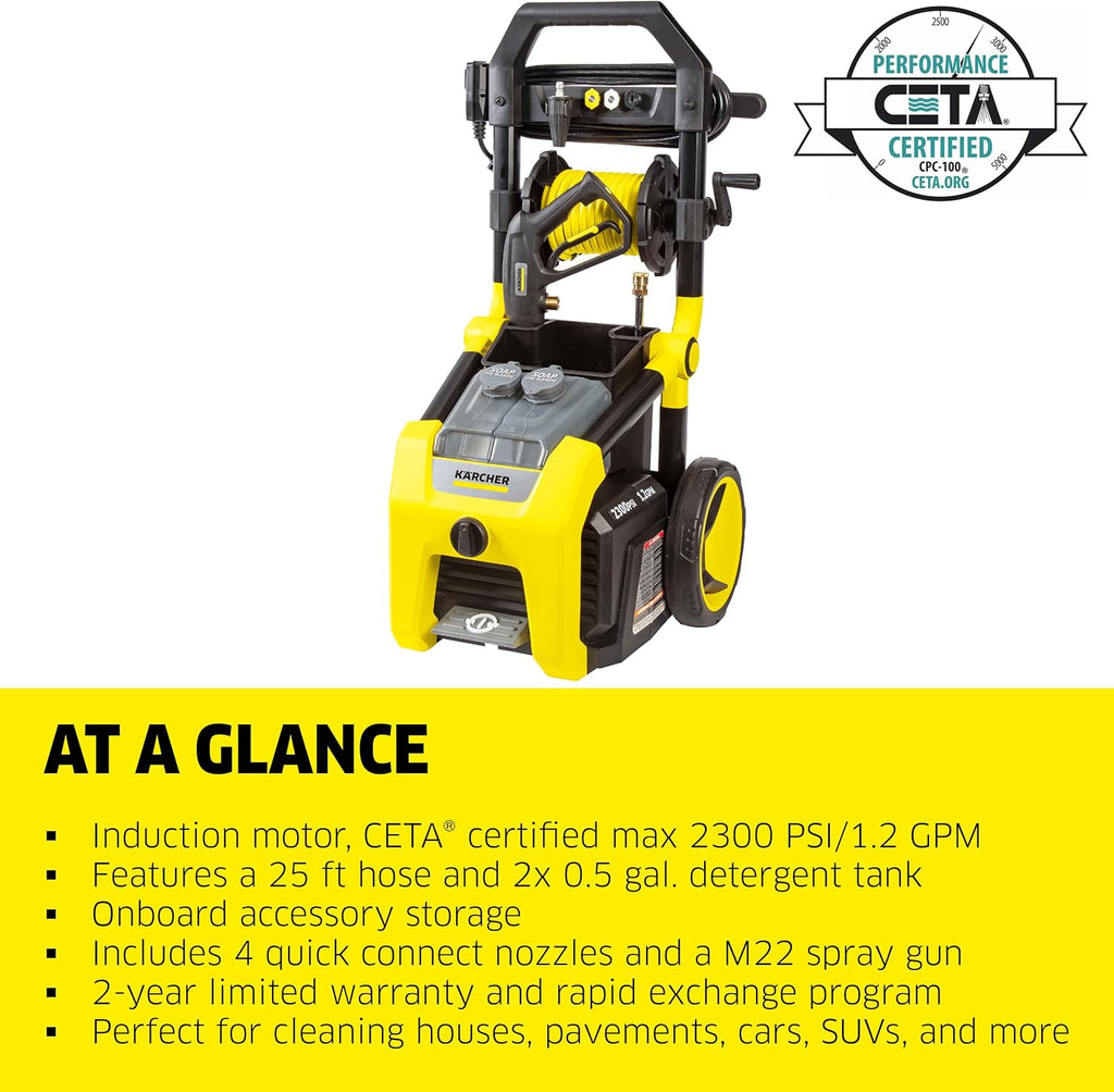 Pressure Washer K2300PS, CETA Certified, 4 Spray Nozzles, Detergent Tank, Hose Reel, for Cars, Driveways, Siding