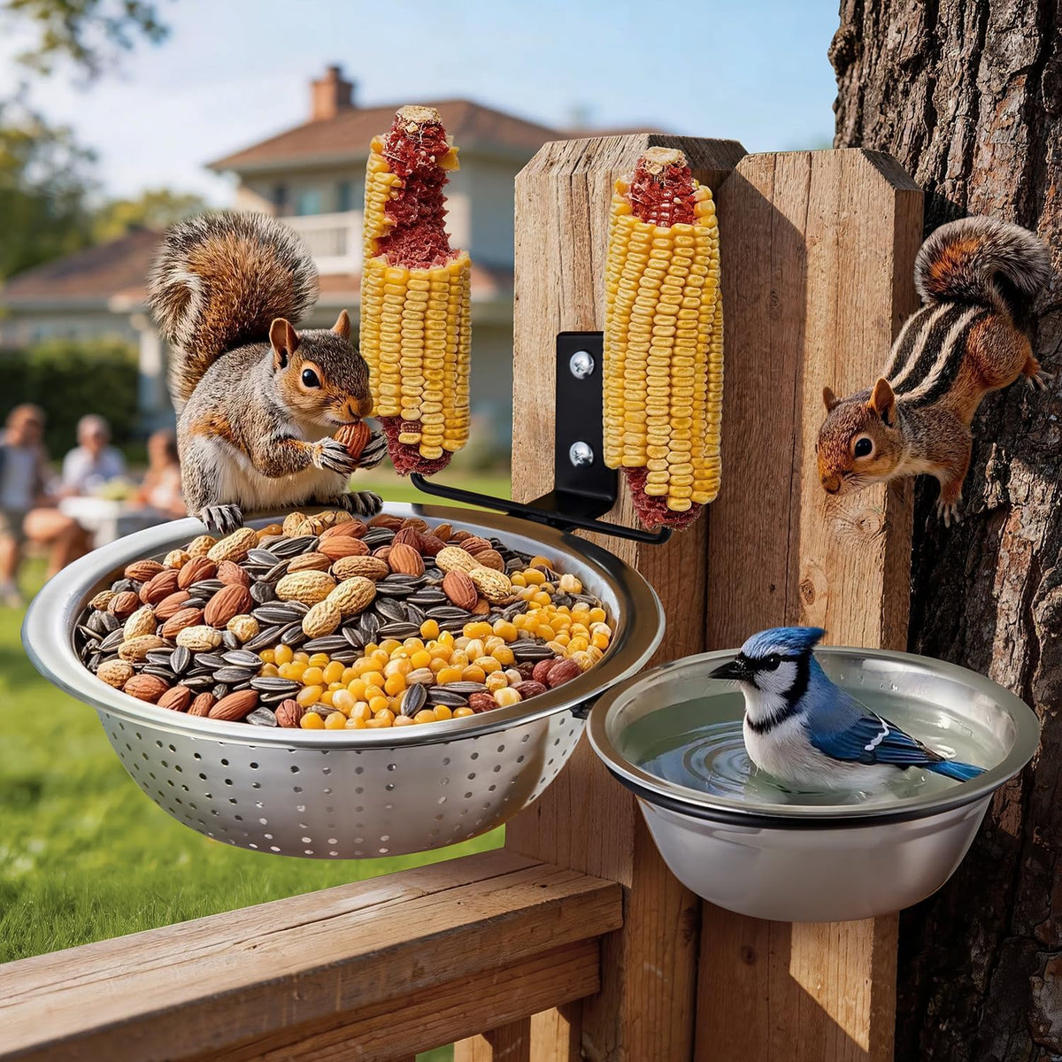 2 Bowls Squirrel Food&Water Feeder, Metal Chew-proof Squirrel Feeders for Outside, Picnic Table with 2 Corn Cob