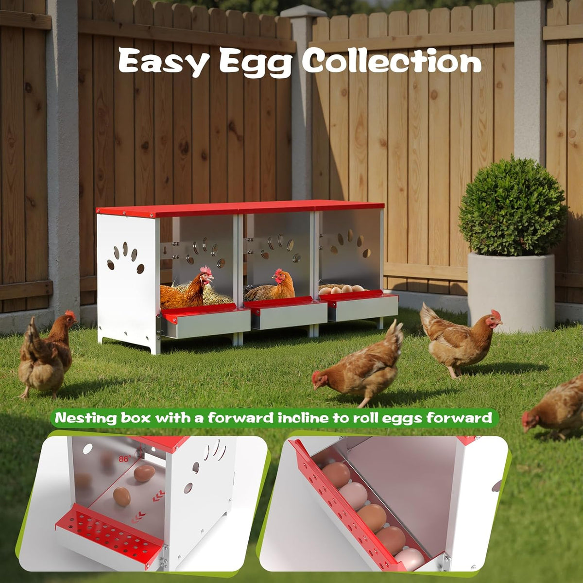 Chicken Nesting Boxes 3 Hole, Large Metal Hen Laying Box with Swing Perch