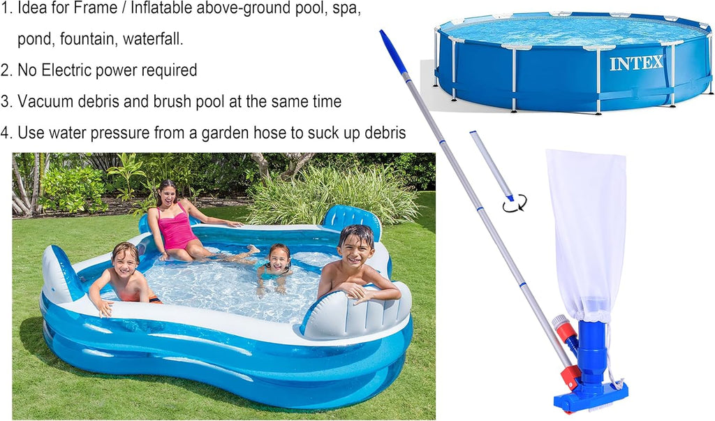 Jet Vacuum W/ 6 Section Poles of 57" for Frame Aboveground/Inflatable Pool Spa, No Electric Power Needed, Use Garden