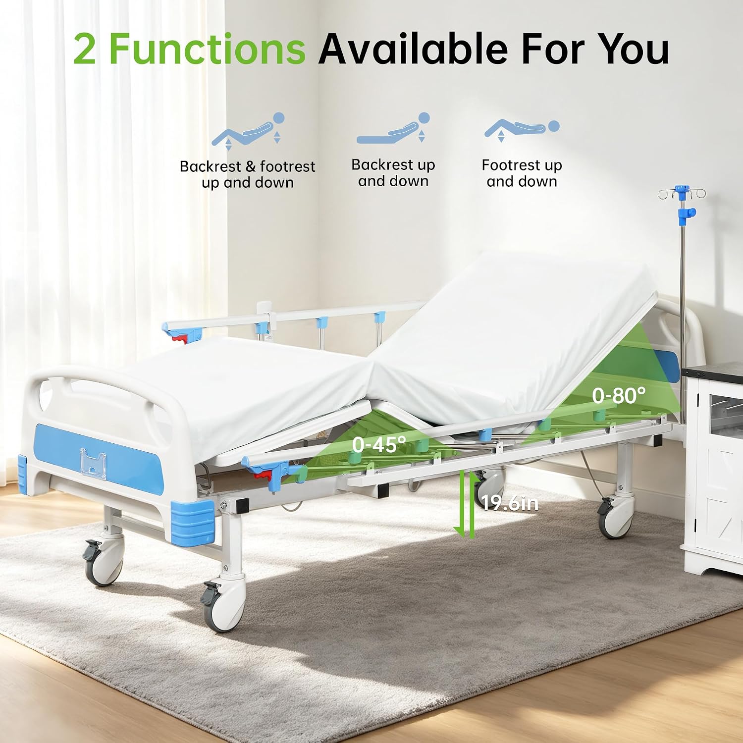 Premium 2 Function Full Electric Hospital Bed, ICU Electric Medical Bed with 4 inch Foam Mattress & IV Pole, Dining