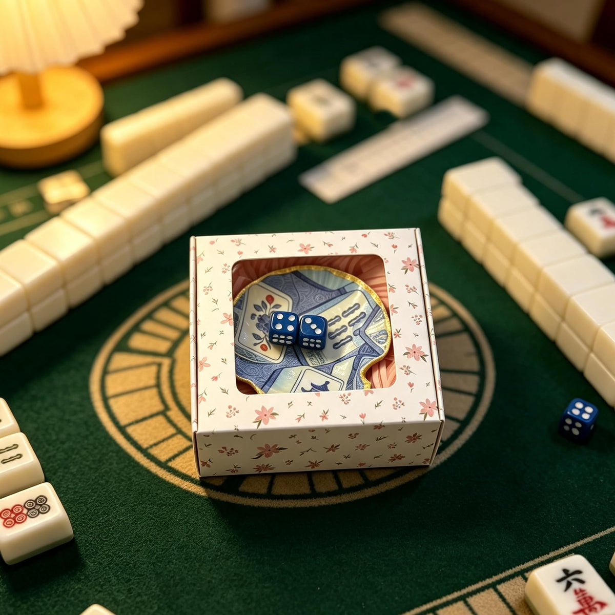 Mahjong Dice Tray with 2 Dice, Gold Shell Blue Mahjong Dice Holder