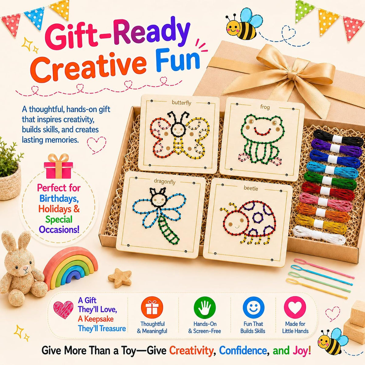 Montessori Wooden Lacing Toys for Toddlers and Kids Ages 2-4 5-7, Sewing Kit Fine Motor Skill Busy Board, Education