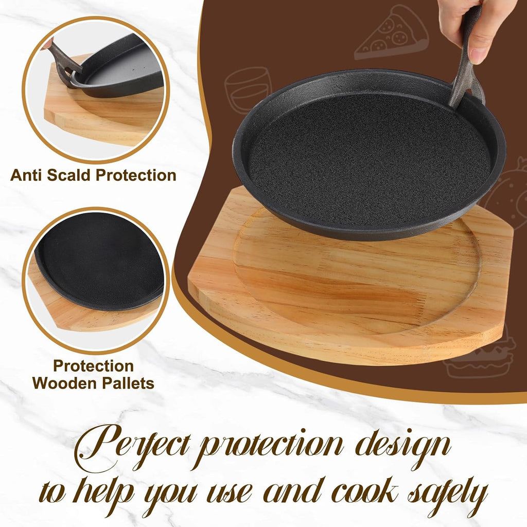 2 Set 10.3 Inch Cast Iron Fajita Plate Set with Wooden Base Anti Scald Protection Removable Handle Fajita Plate