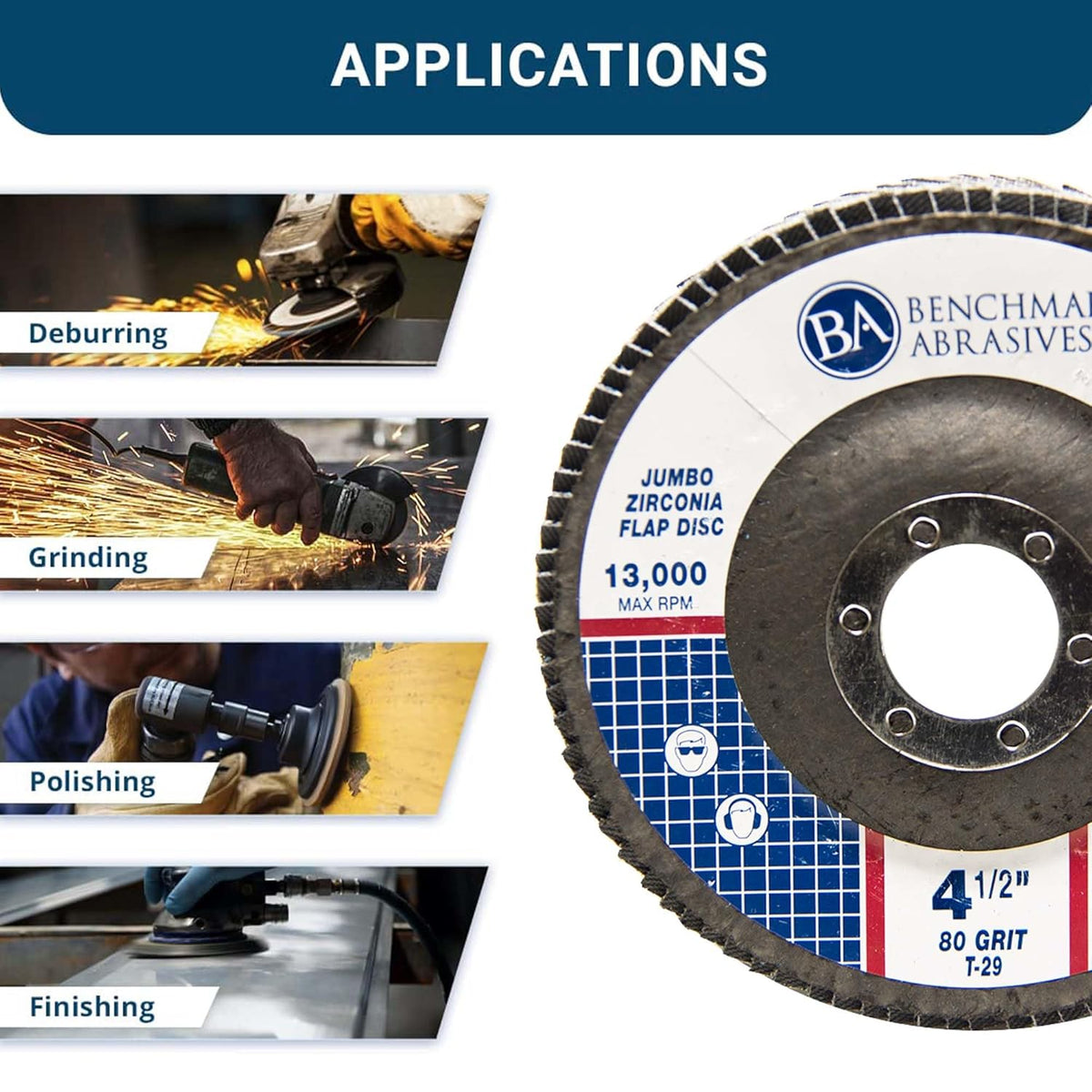 Benchmark Abrasives 4.5" x 7/8" Zirconia Type 29 Flap Discs, 80 Grit