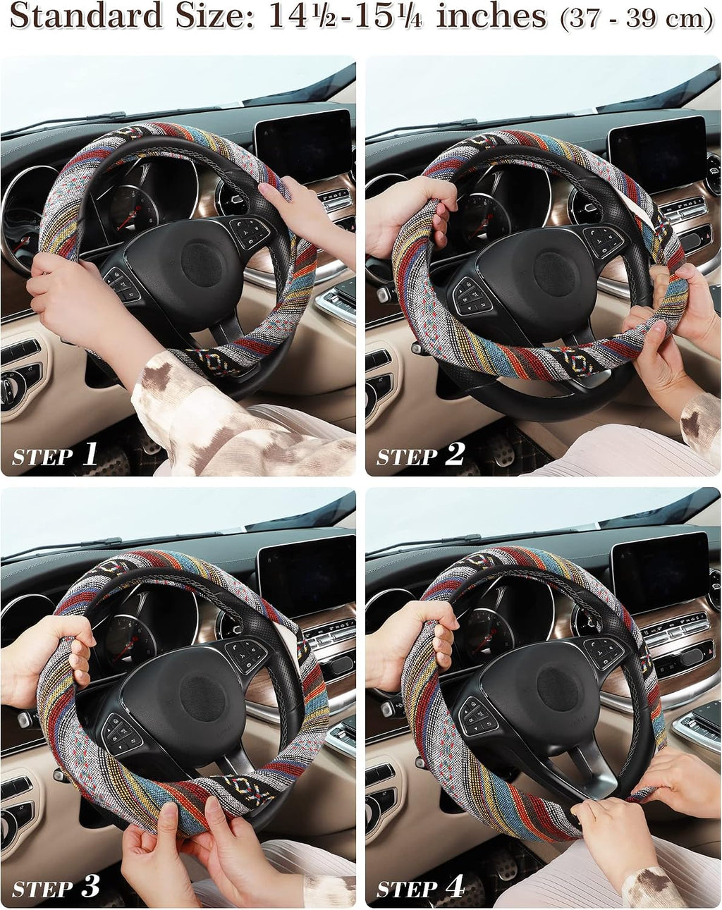 Boho Steering Wheel Cover with Baja Blanket Cloth, Ethnic Style Auto Wheel Cover Made of Coarse Flax, Fits 14 1/2-15