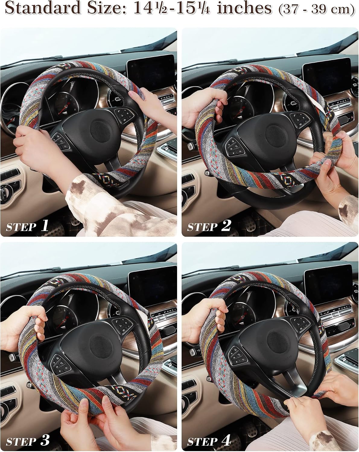 Boho Steering Wheel Cover with Baja Blanket Cloth, Ethnic Style Auto Wheel Cover Made of Coarse Flax, Fits 14 1/2-15