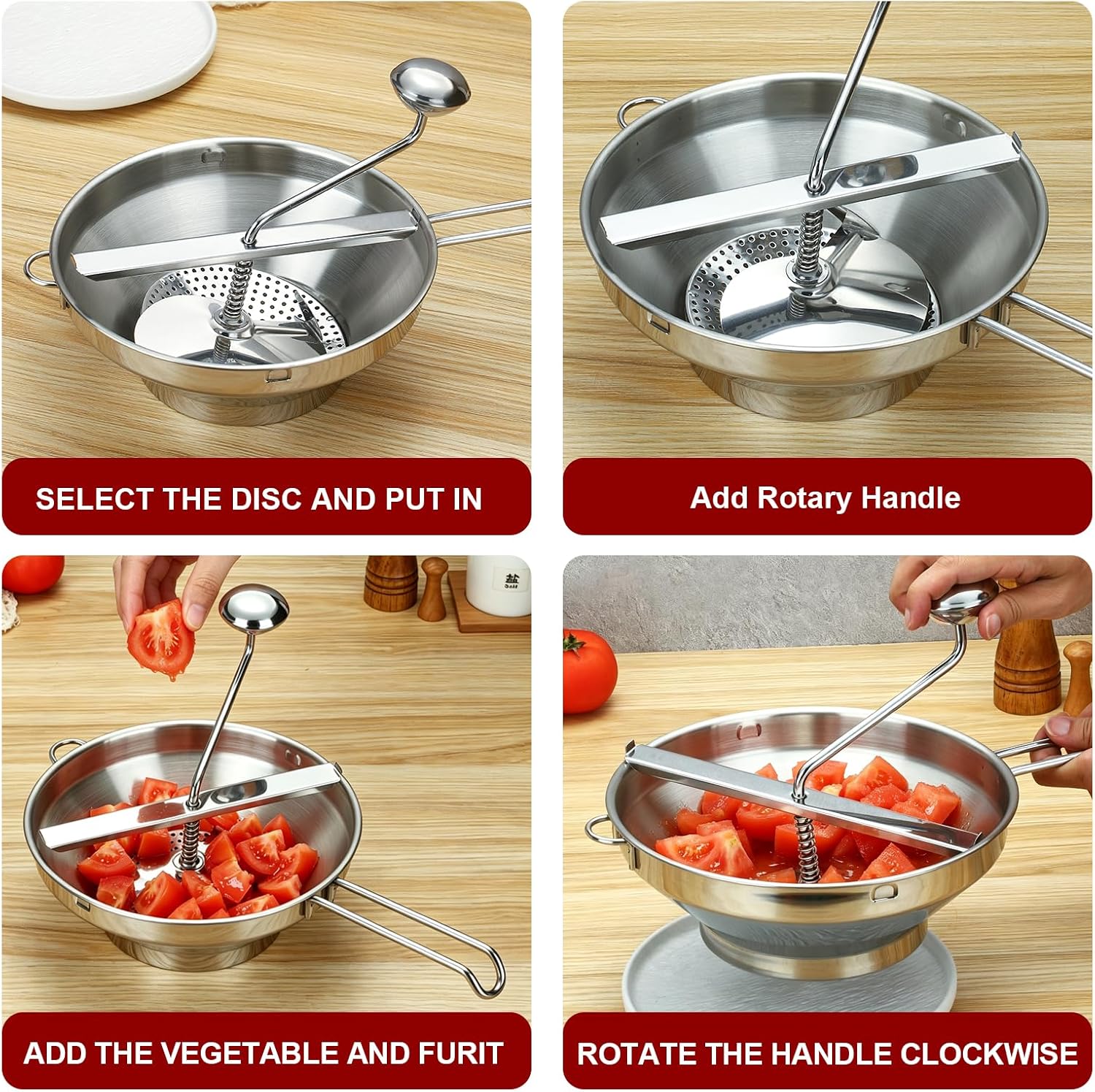 Food Mill for Tomatoes, Stainless Steel Rotary Strainer with Coarse Disc