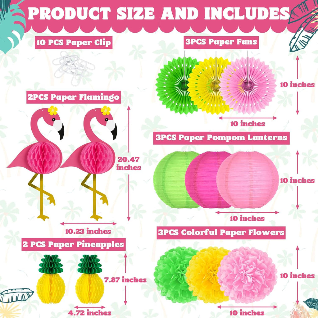 13PCS Hawaiian Party Decorations, Luau Party Decorations, Flamingo and Pineapple Honeycomb Paper Flowers Fans and