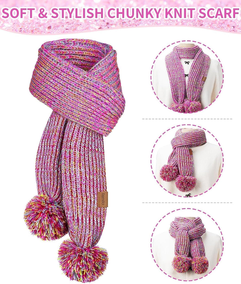 Kids Winter Hat Gloves Scarf Set, Toddler Girls Boy Fleece Lined PomPom Beanie Hat Kint Neck Long Scarf Warm Mittens