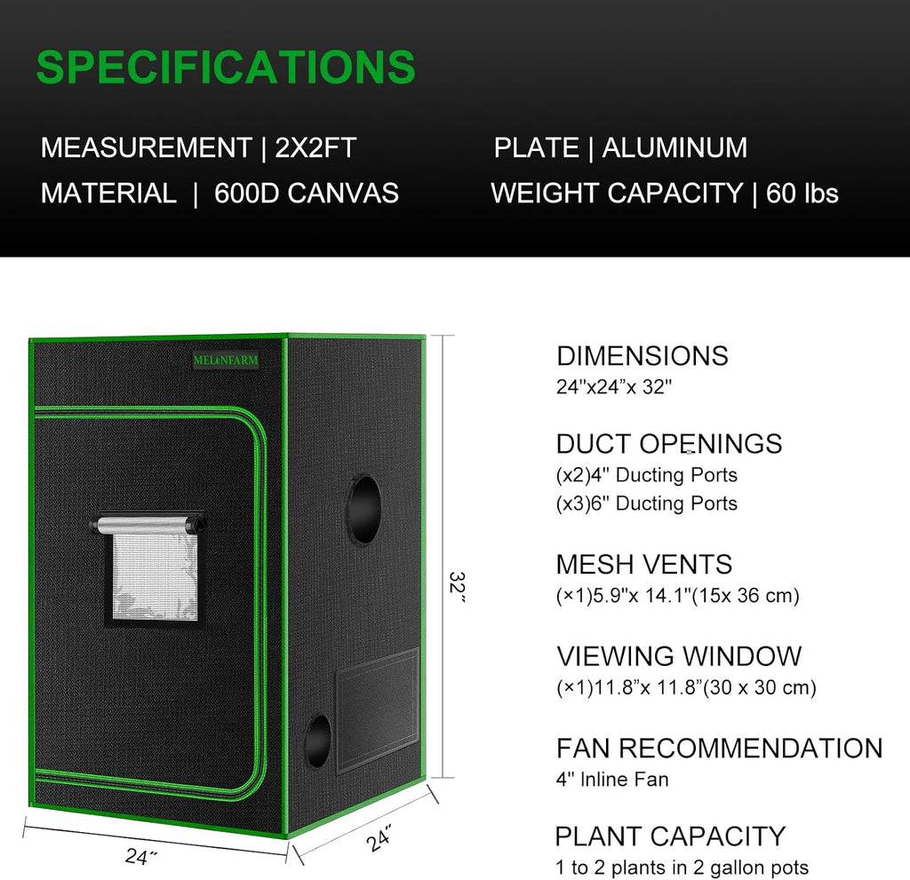 2x2 Grow Tent, 24"x24"x36'' High Reflective 600D Diamond Mylar Canvas with Observation Window and Floor Tray for