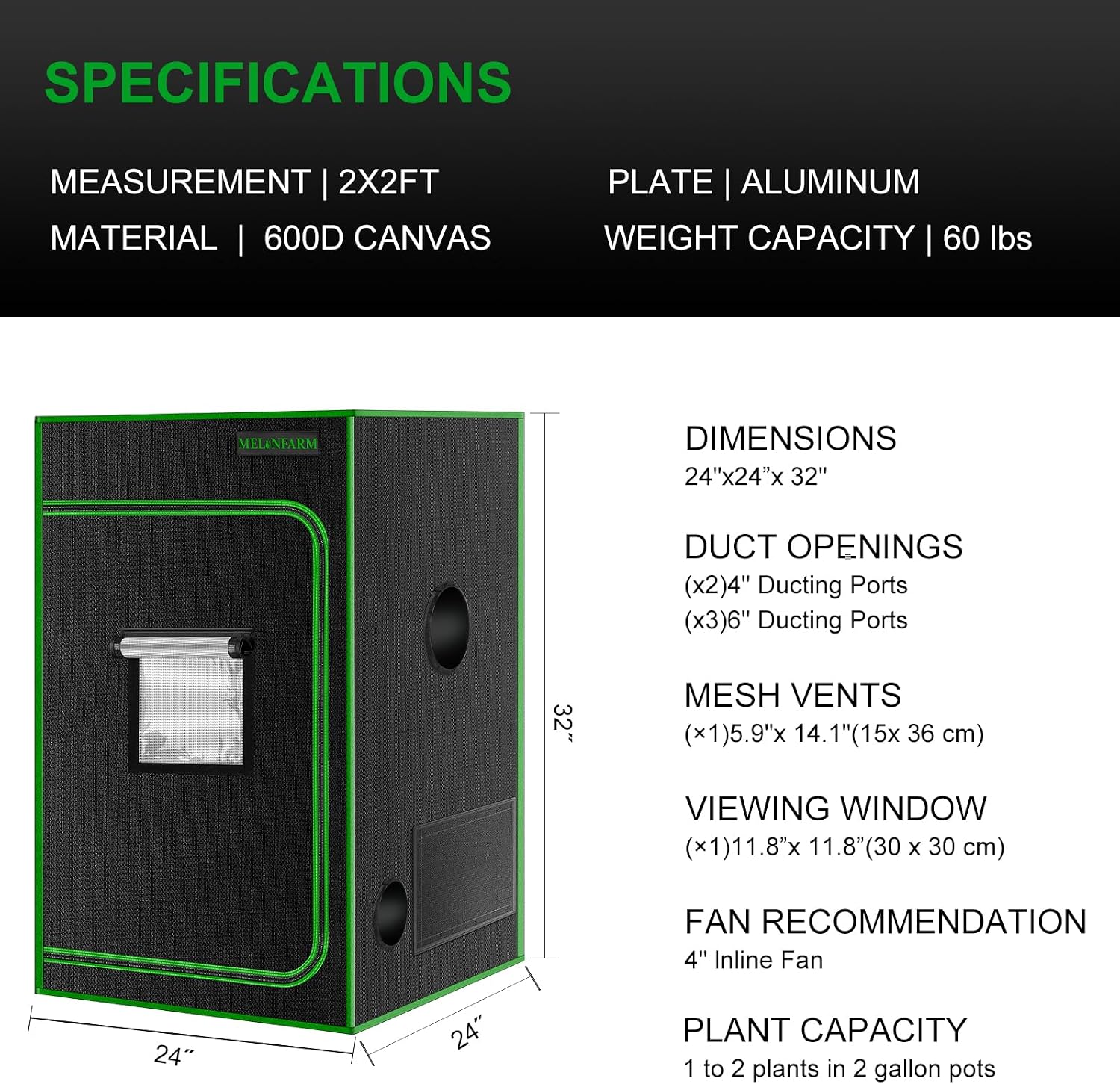 2x2 Grow Tent, 24"x24"x36'' High Reflective 600D Diamond Mylar Canvas with Observation Window and Floor Tray for