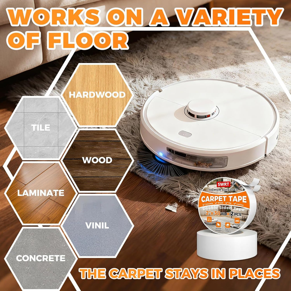 Double Sided Carpet Tape, 2 in x 30 Yards, 2 Pack for Hardwood Floors