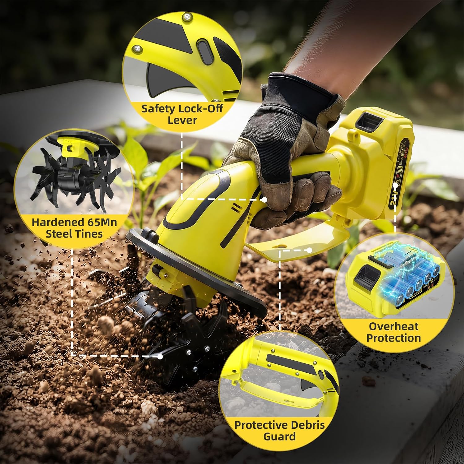 Cordless Tiller Cultivator, 235RPM Electric Hand Tiller with 2.0Ah Battery, 4" Tilling Width & Depth, Powerful Mini