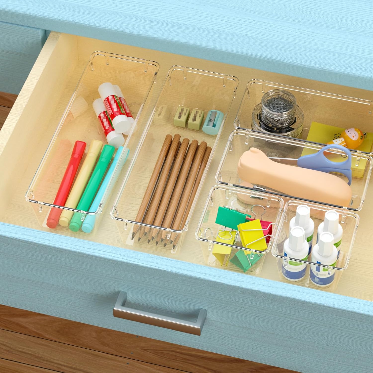 6 Pack Clear Drawer Organizer Set, Acrylic Drawer Storage Trays, Storage Bins for Makeup, Cosmetics, Jewelries