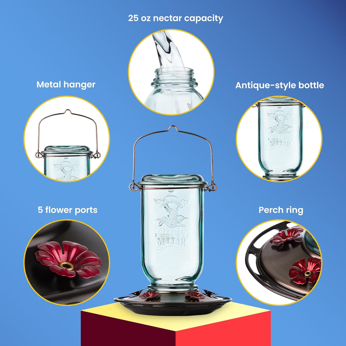 Mason Jar Hummingbird Feeder, Glass Hummingbird Feeders for Outdoors, 5 Feeding Stations, 25 Ounces