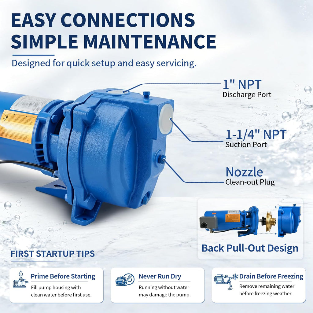 J10S Shallow Well Jet Pump, 1 HP Self-Priming Cast Iron Water Pump