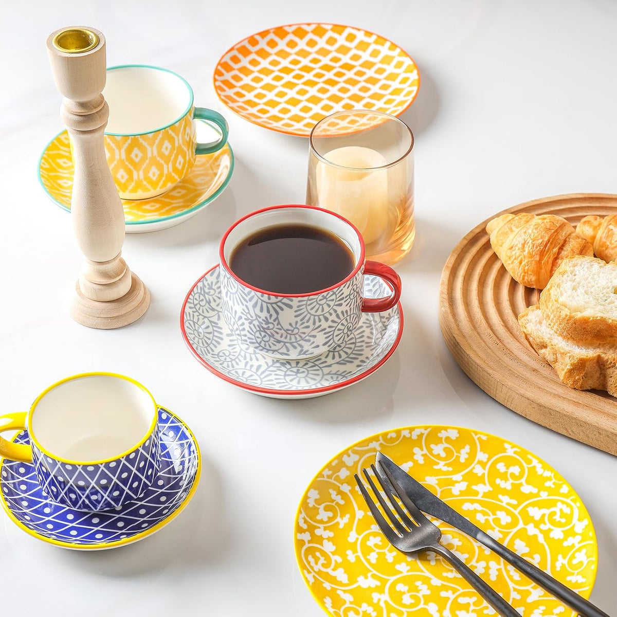 Ceramic Cappuccino Cups with Saucers and Metal Stand, 8 OZ Stackable Espresso Coffee Cups for Coffee, Latte