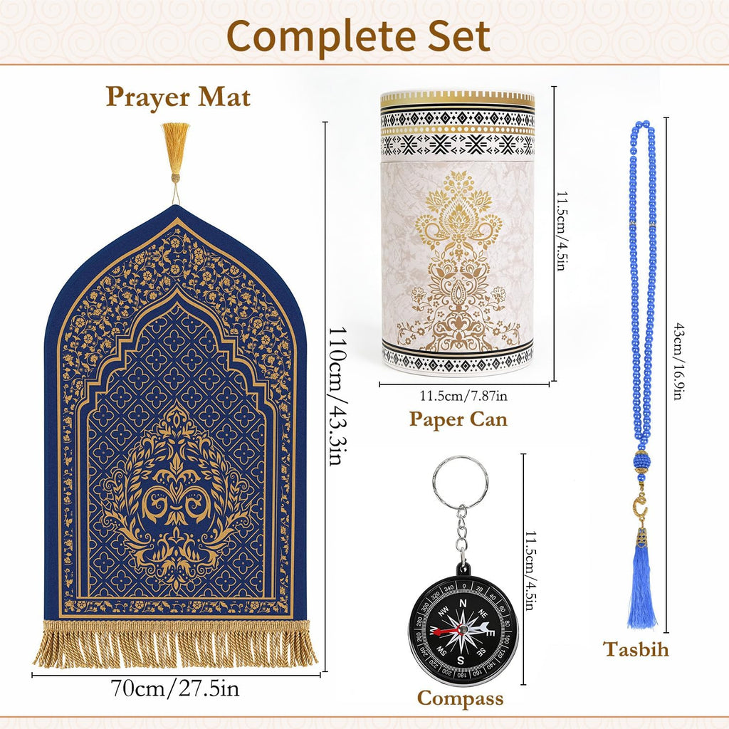 Prayer Mat Ramadan Gifts - Blue Prayer Rug Islamic Praying Tasbih Beads Compass, Muslim Praying Carpet for Men Women