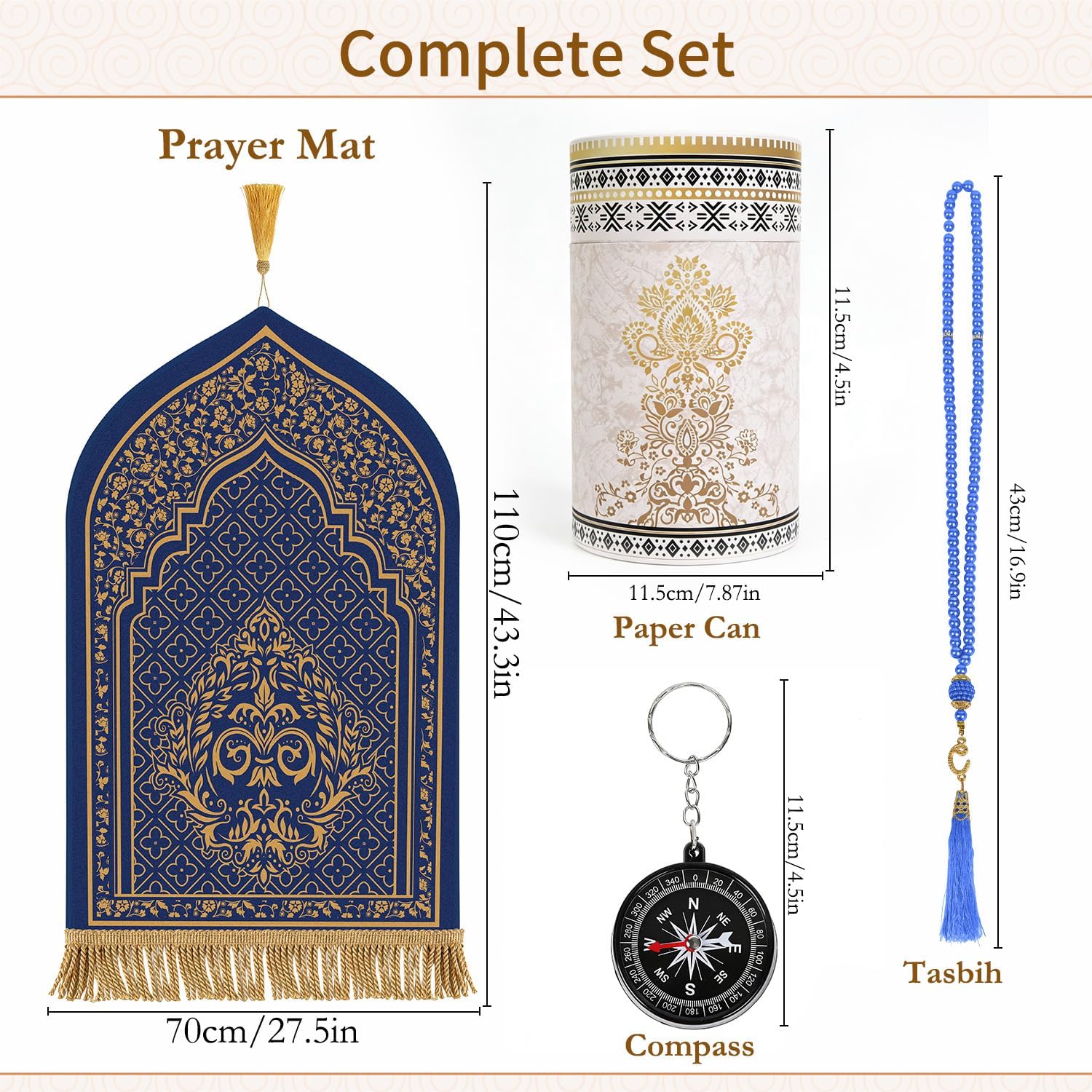 Prayer Mat Ramadan Gifts - Blue Prayer Rug Islamic Praying Tasbih Beads Compass, Muslim Praying Carpet for Men Women