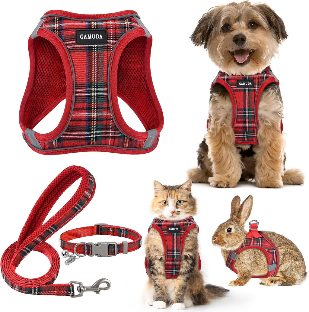 Small Dog Harness Collar and Leash Set, Step in No Chock No Pull Soft Mesh Adjustable Dog Vest Harnesses Plaid