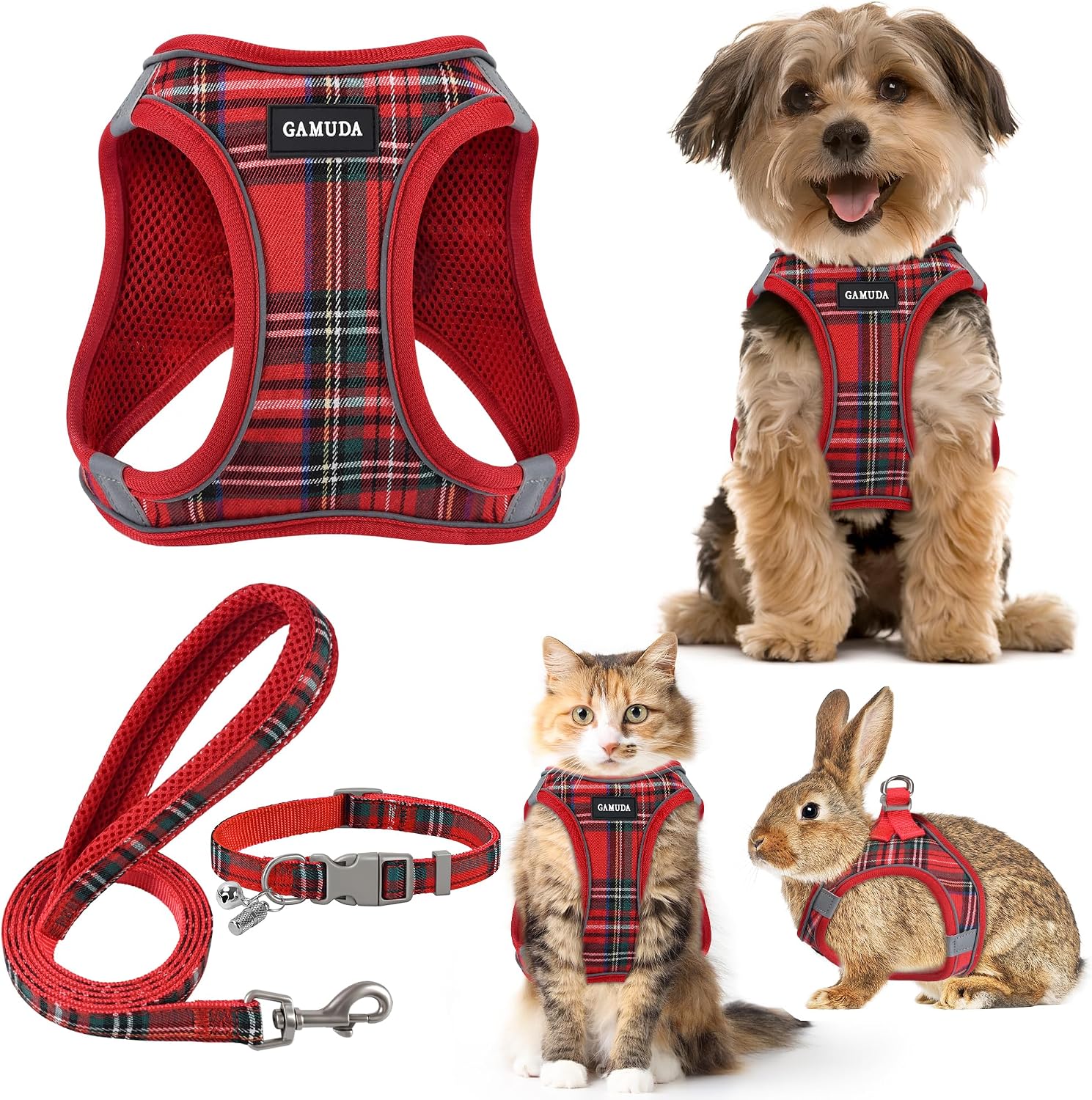 Small Dog Harness Collar and Leash Set, Step in No Chock No Pull Soft Mesh Adjustable Dog Vest Harnesses Plaid