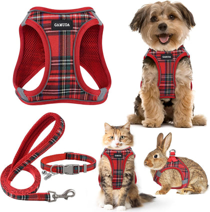 Small Dog Harness Collar and Leash Set, Step in No Chock No Pull Soft Mesh Adjustable Dog Vest Harnesses Plaid