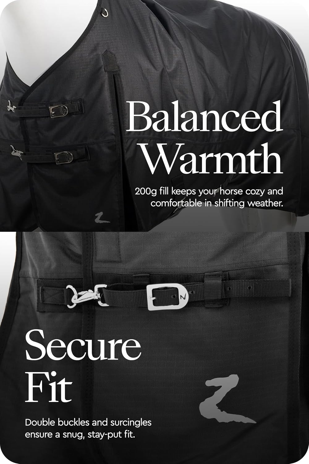 Nevada Medium Weight 1200D Waterproof Horse Turnout Blanket (200g Fill) - Black - 72 in