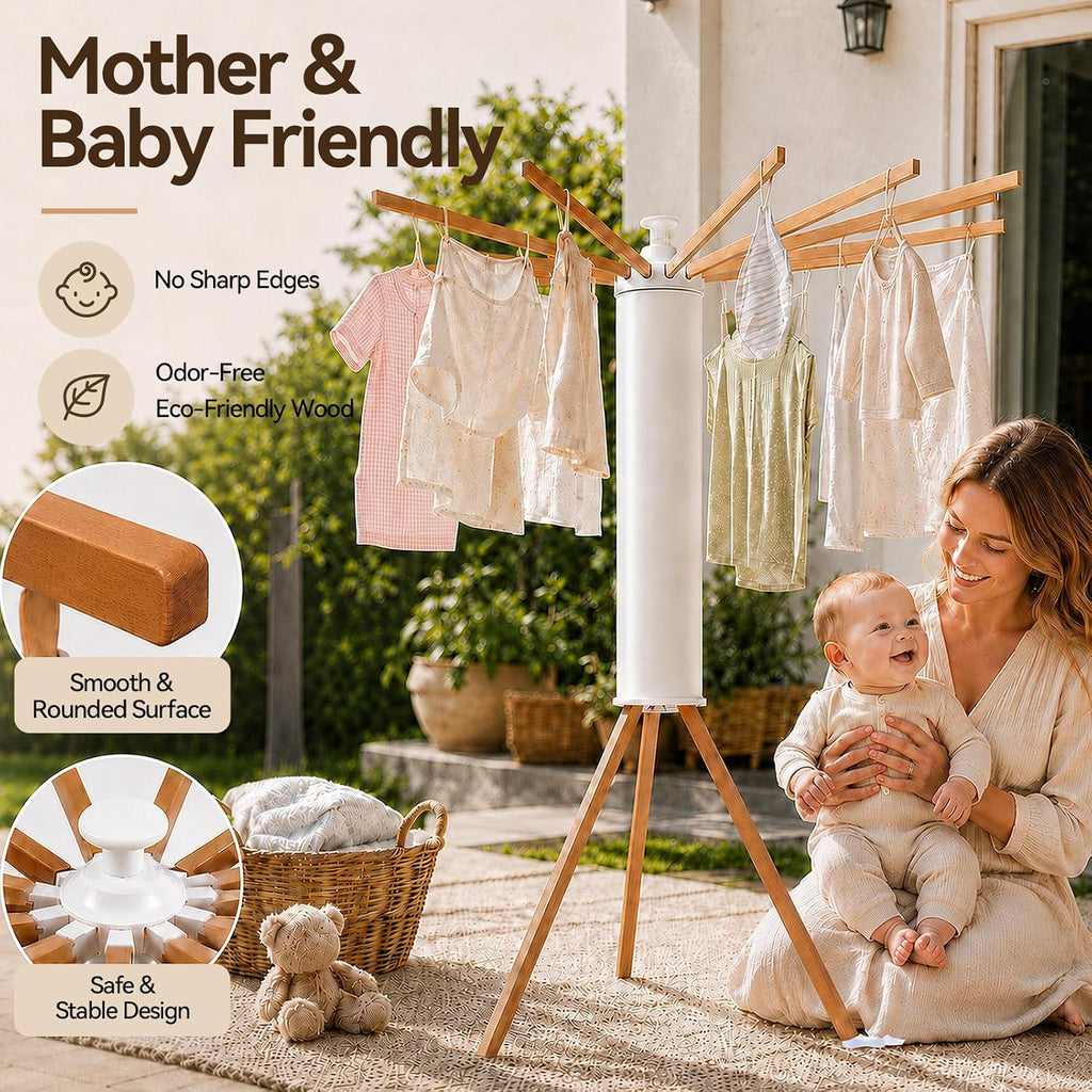 2026 Tripod Clothes Drying Rack, Clothing Stand, Foldable Rotary Laundry Drying Racks with 16 Wooden Arm, Indoor &