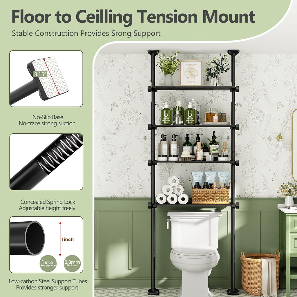 Over The Toilet Storage Shelf No Drill 4-Tier Adjustable Bathroom Organizer | Space-Saving Tension floor-to-ceiling