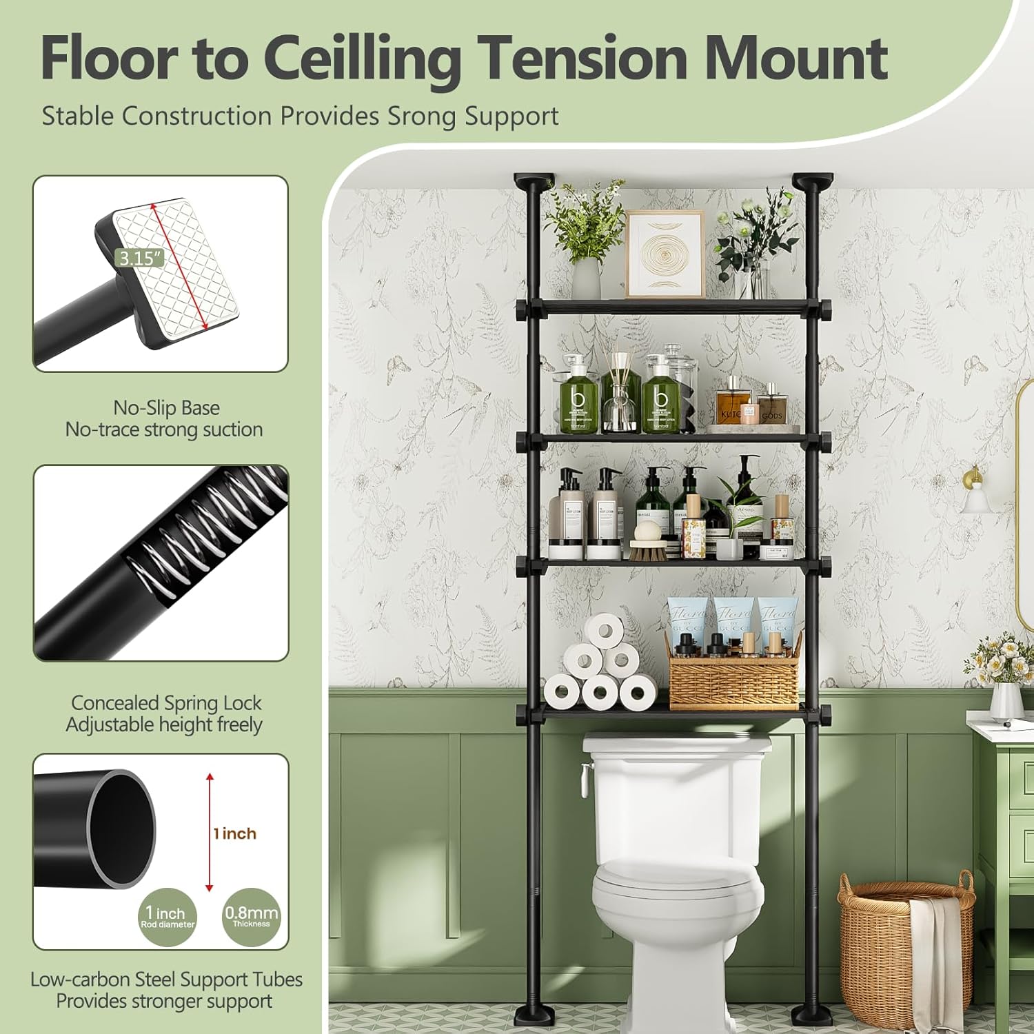 Over The Toilet Storage Shelf No Drill 4-Tier Adjustable Bathroom Organizer | Space-Saving Tension floor-to-ceiling