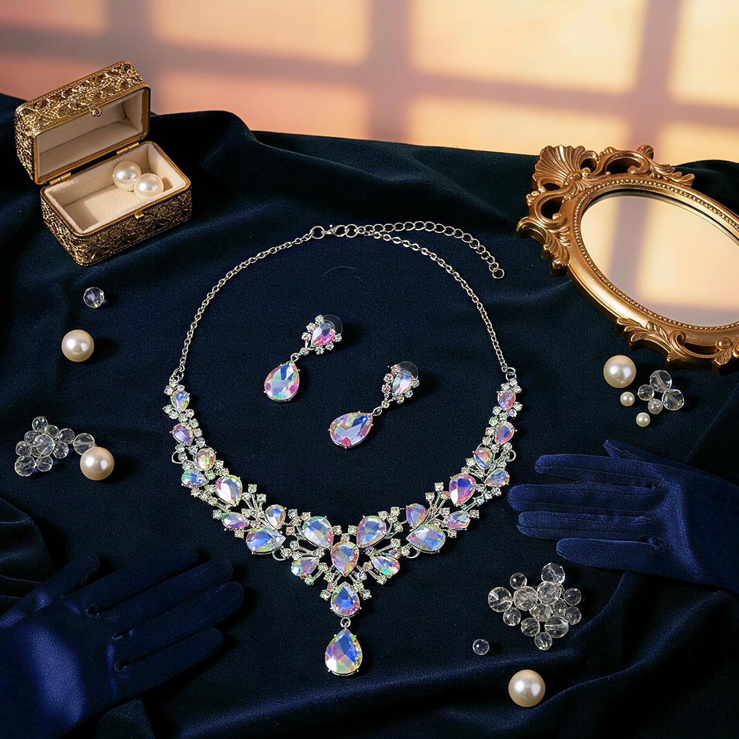 Bridal Teardrop Cluster Crystal Jewelry Set for Women Necklace Earrings Wedding