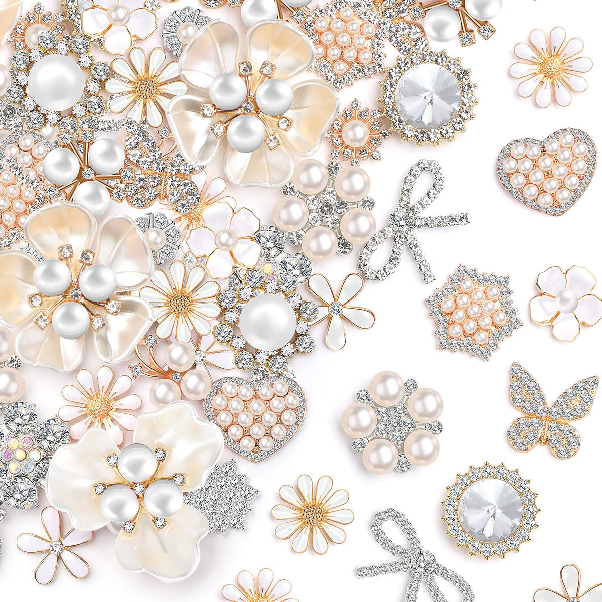 48 Pcs Rhinestone Flower Buttons Craft, White